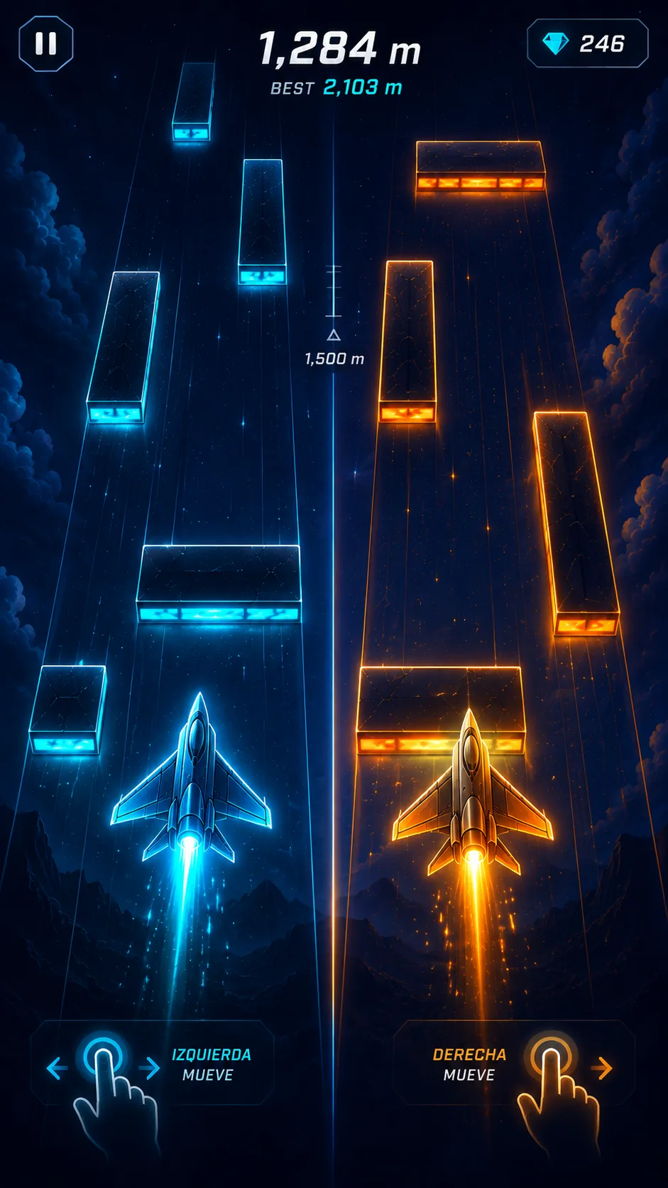 Gameplay real de FlyHand con dos naves y asteroides